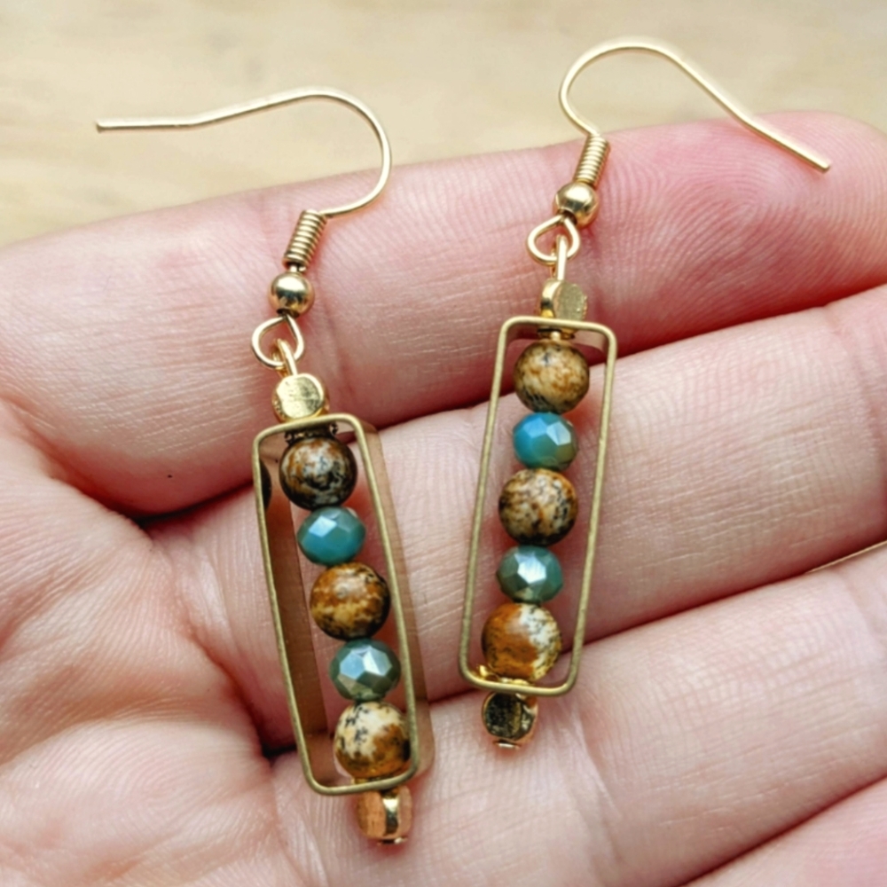 Rectangle-framed Earrings with Stacked Beads